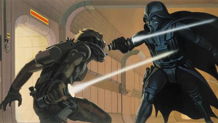 Ralph McQuarrie concept art showing an early vision of Darth Vader in combat