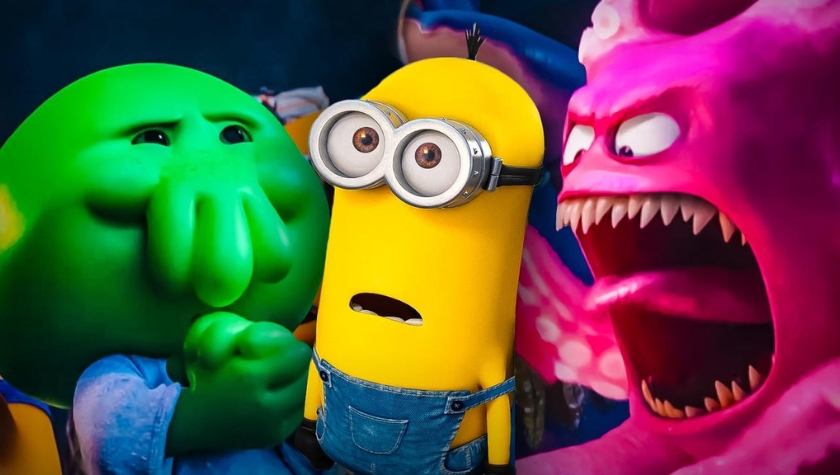 A Minion caught between Ed and a screaming pink monster in a chaotic scene from 'Minions & Monsters'