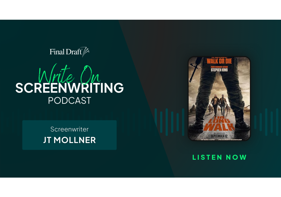 Write On image featuring the poster 'The Long Walk' with sound waves in the background