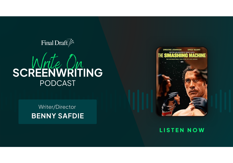Write On image featuring the poster for 'Smashing Machine' with sound waves in the background