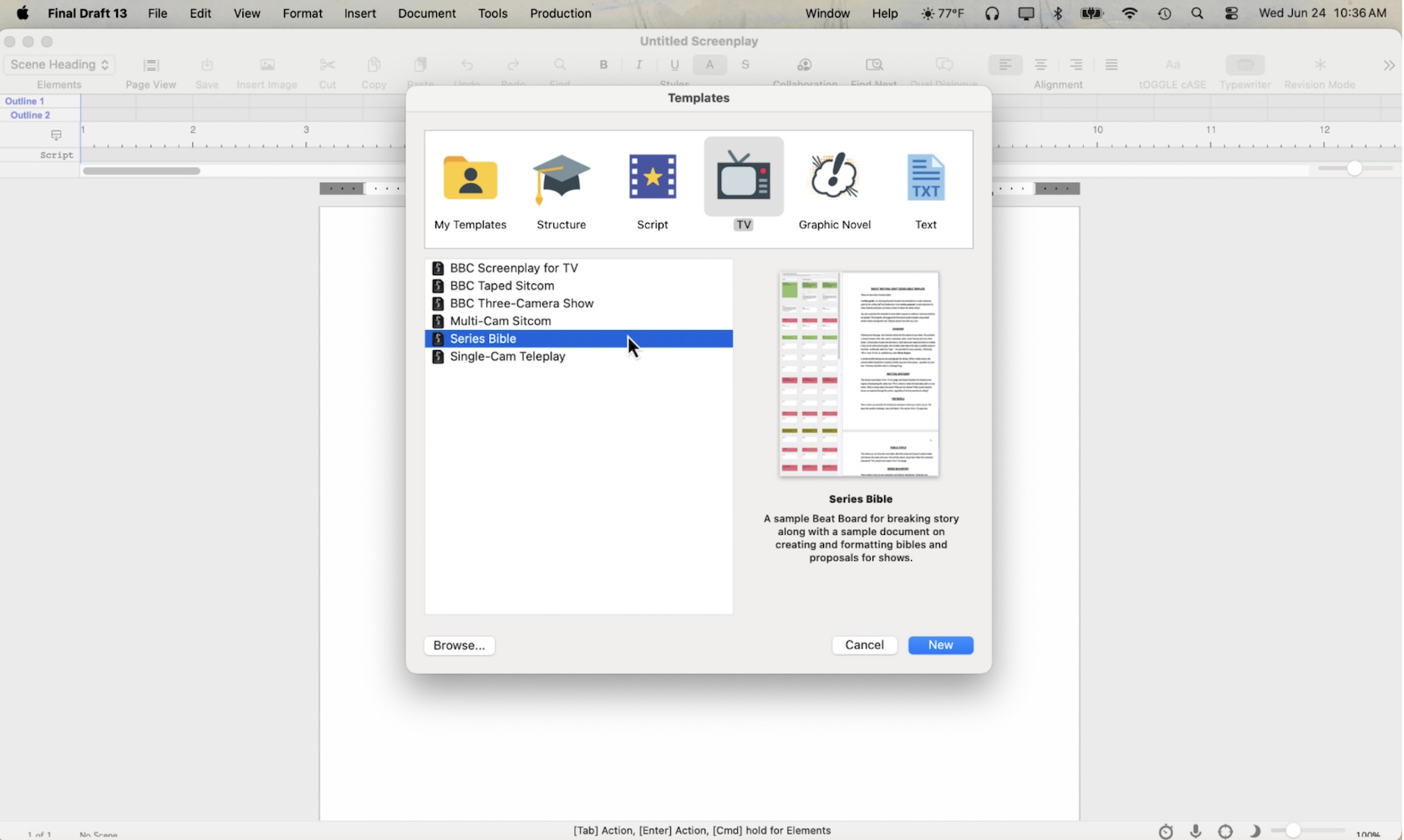 Final Draft's Templates dialog with the TV category selected and Series Bible highlighted in the template list