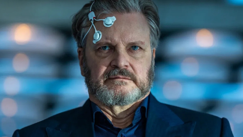 Colin Firth in Disclosure Day wearing EEG brain-monitoring sensors on his forehead