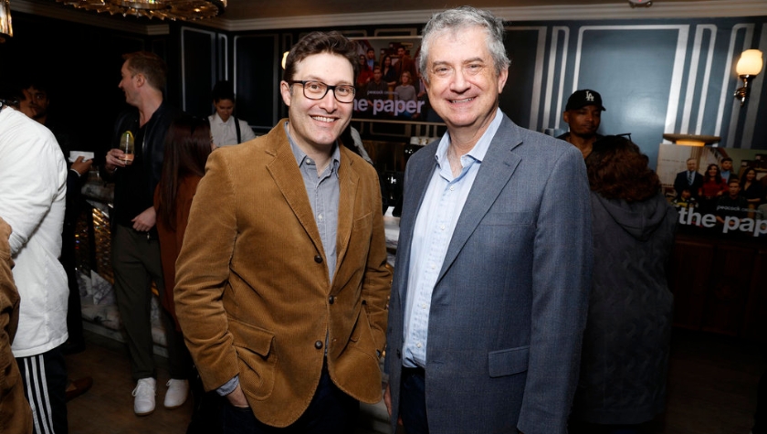 Michael Koman and Greg Daniels at an event for 'The Paper'