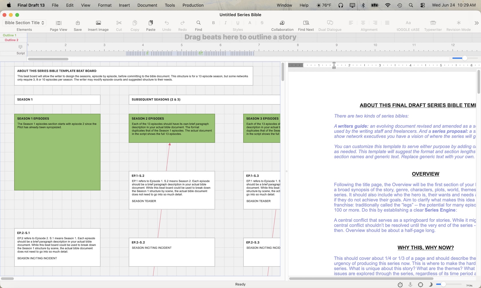 The Series Bible Beat Board on the left and bible document on the right