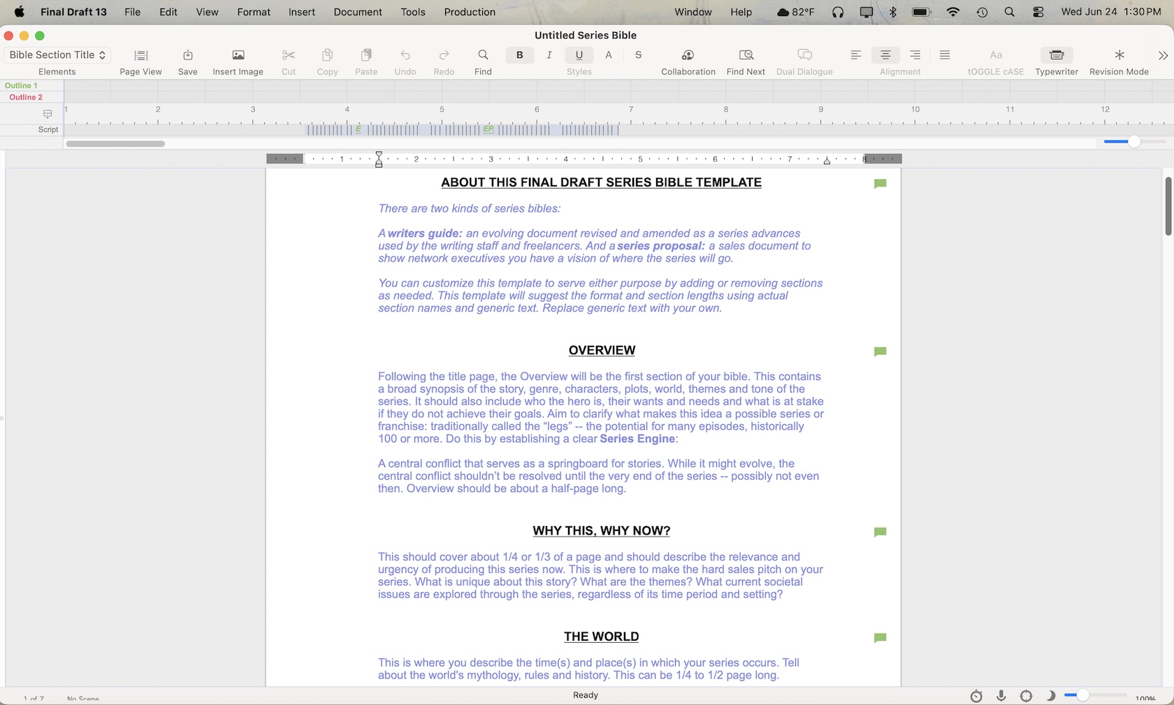 The Series Bible document showing the Overview, Why This Why Now, and The World sections with instructional placeholder text