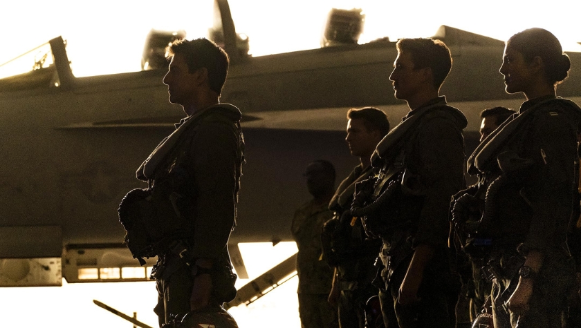 Tom Cruise, Glen Powell, Miles Teller, and Monica Barbaro in 'Top Gun: Maverick'